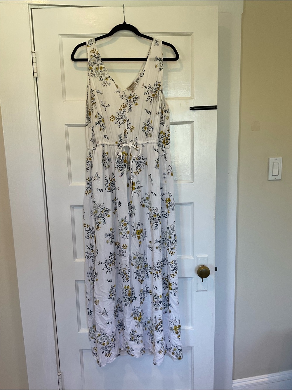 Lucky Brand White Floral V-Neck Maxi Dress with Yellow & Green Accents